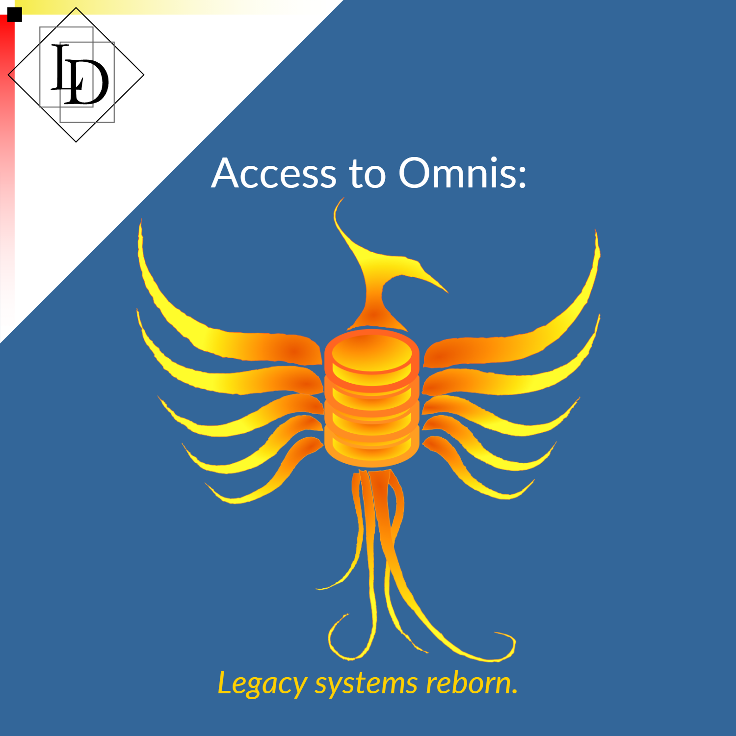 The image is of a phoenix with a database icon as it's body, on the standard LD thumbnail background. The background is blue, with a white triangular section in the top left. This section bears the LD logo, with a red line fading to white going from top to bottom, and a yellow line fading to white going from left to right. The LD logo is the letters L and D, offset for each other at an angle. Each letter is inscribed in a box, with the whole being inset in a diamond outline.